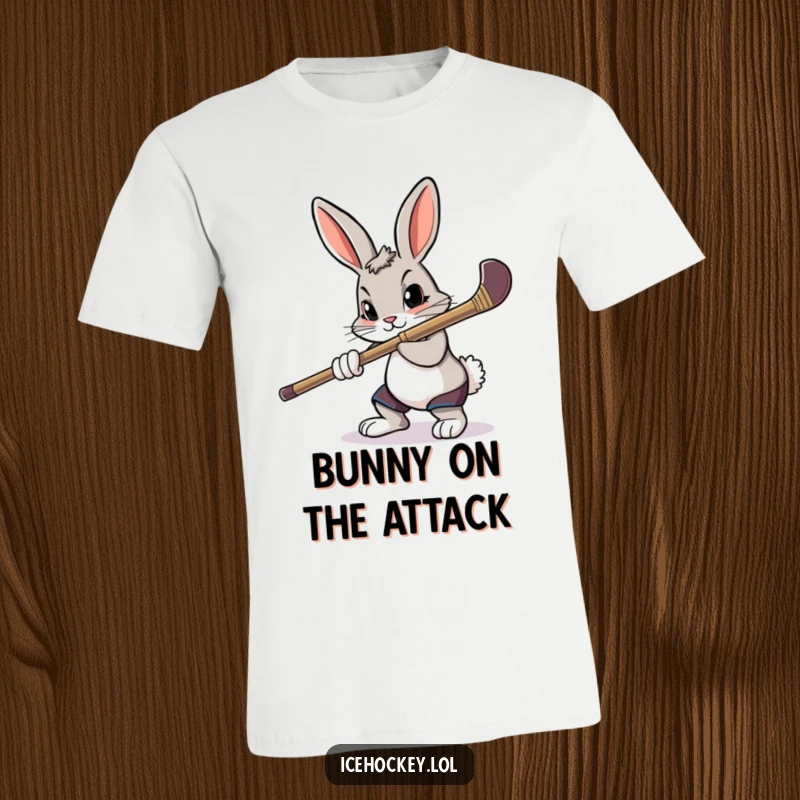 Funny t-shirt portraying a determined rabbit with intense focus, aiming a hockey stick.