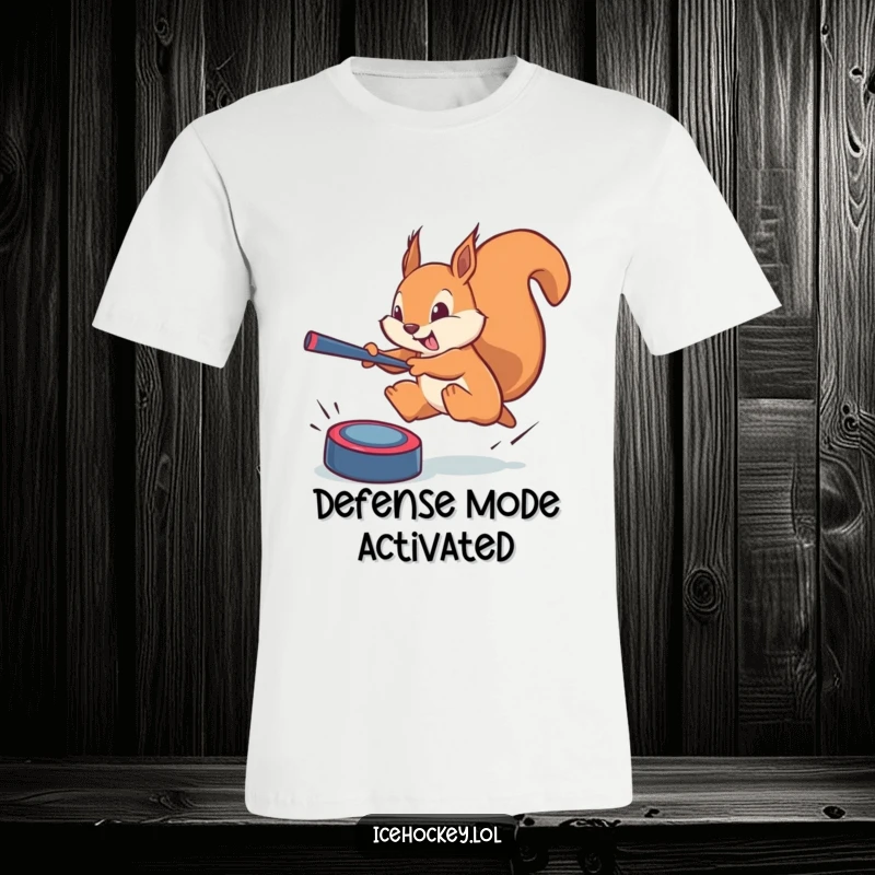 Funny squirrel t-shirt: a brave squirrel leaping to block a phantom puck, depicting a moment of heroic defense with comical intensity.