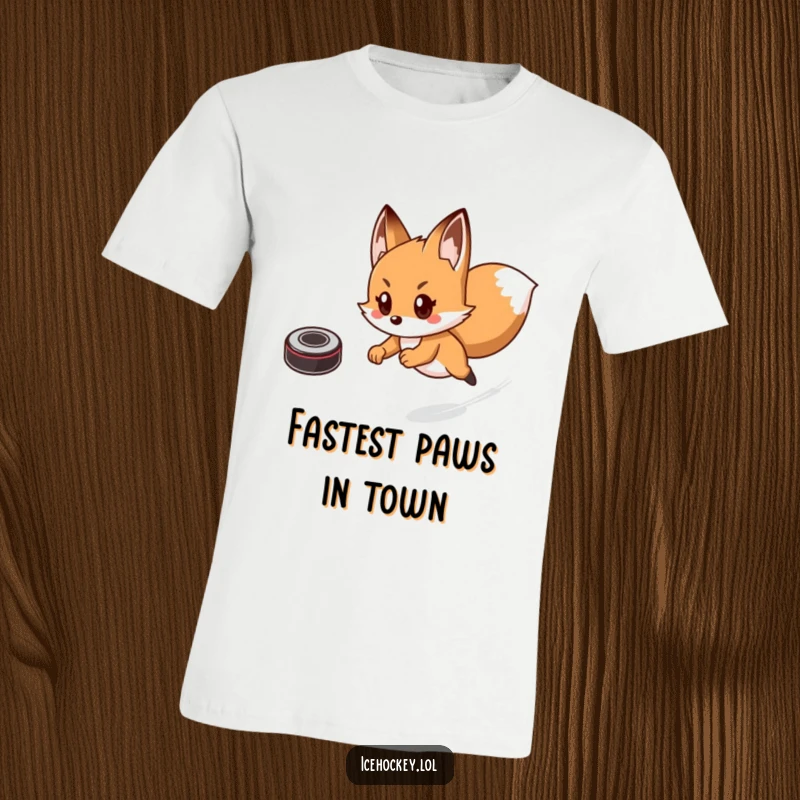 Funny t-shirt of a determined fox skating with incredible speed, chasing a hockey puck with a playful, energetic expression.