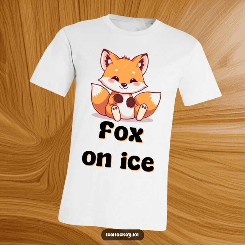 Funny t-shirt depicting a playful fox in tiny hockey pads, sliding into a hilarious, dynamic pose.