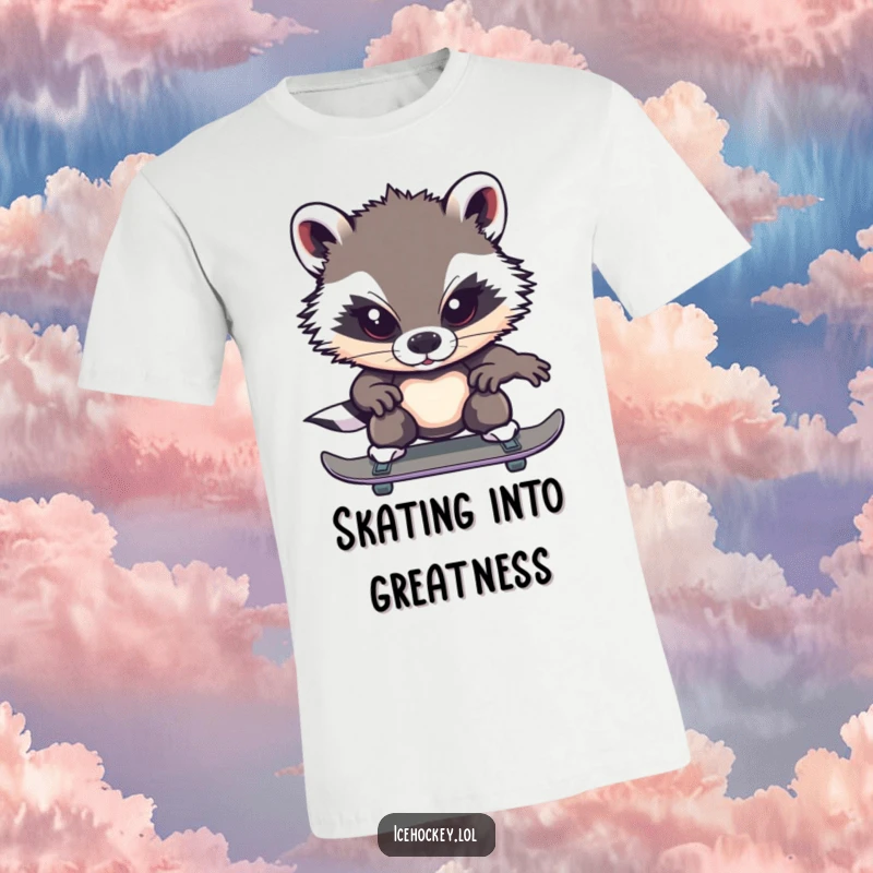 Funny badger t-shirt featuring a brave badger intensely focused while ice skating, showcasing a humorous dedication.