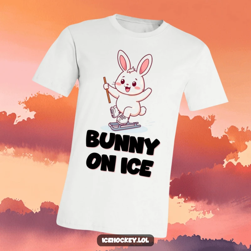 Funny bunny ice skater t-shirt, cheerful bunny gliding on skates, stick held high, smiling and active, humorous design.