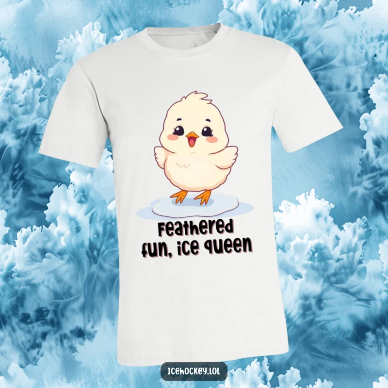 Funny T-Shirt with a fluffy chick joyfully sliding on ice, radiating happiness and playful energy.