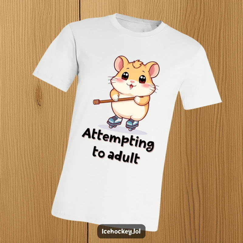 Funny t-shirt featuring a plump hamster with wide eyes, trying to balance on skates while holding a stick.