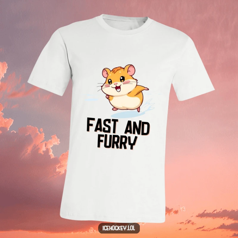Funny Hamster Speed T-Shirt: A smiling hamster races fast across the ice, showcasing pure joy and athletic charm in this funny design.