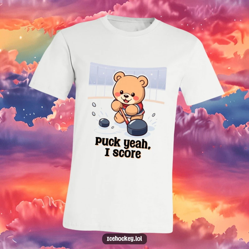 Funny T-Shirt showcasing a determined bear in a powerful shooting stance, aiming a hockey puck towards the goal with athletic flair.