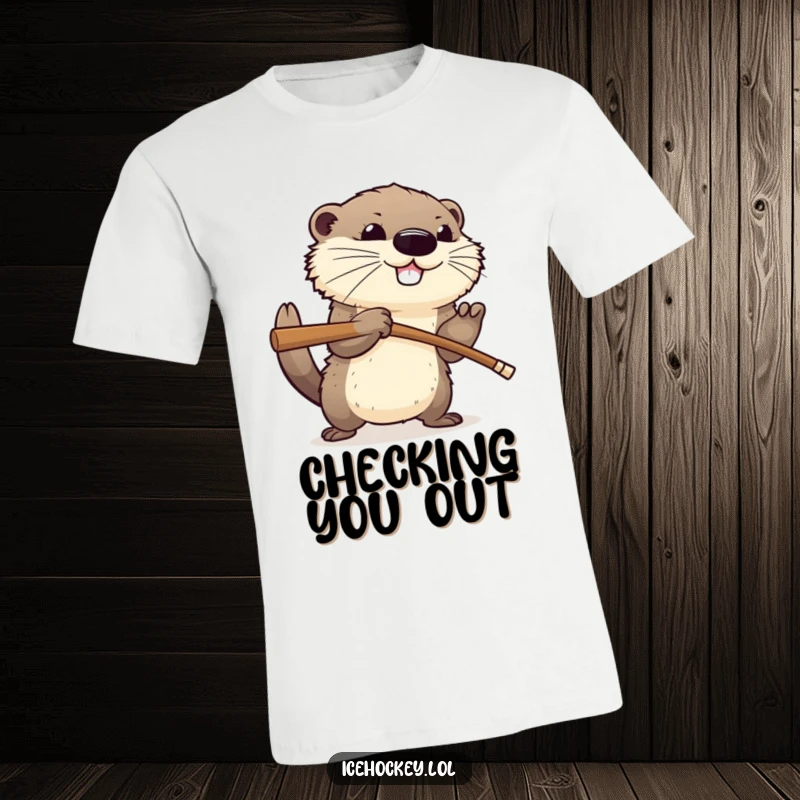 Funny t-shirt featuring a happy, fluffy otter aggressively checking an opponent with a hockey stick, conveying fierce humor.