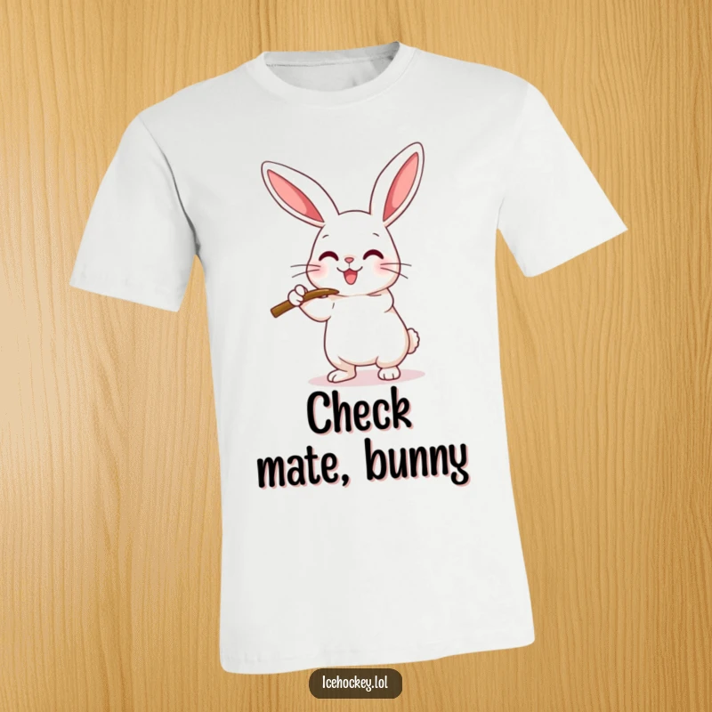 Funny T-Shirt depicting a happy rabbit using its hockey stick to check an imaginary opponent with playful intent.