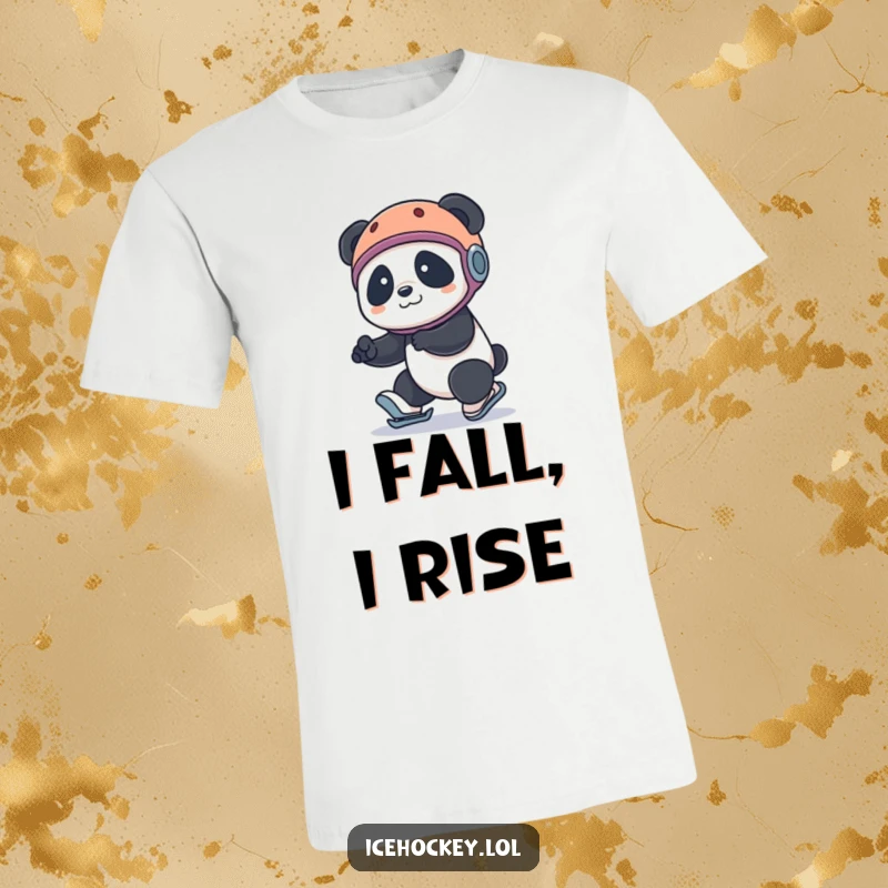 Funny panda t-shirt: a panda in a helmet comically tripping while on roller skates, embodying playful chaos and endearing failure.
