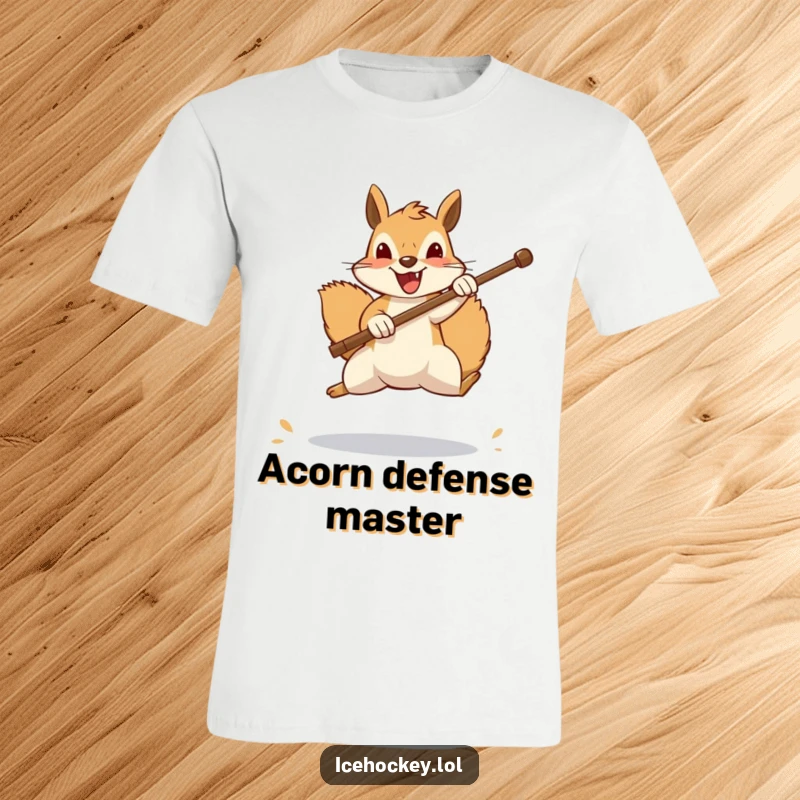 Funny squirrel t-shirt, a cheerful squirrel leaps mid-air to block a shot with its stick, showing intense goalie focus with a funny expression.