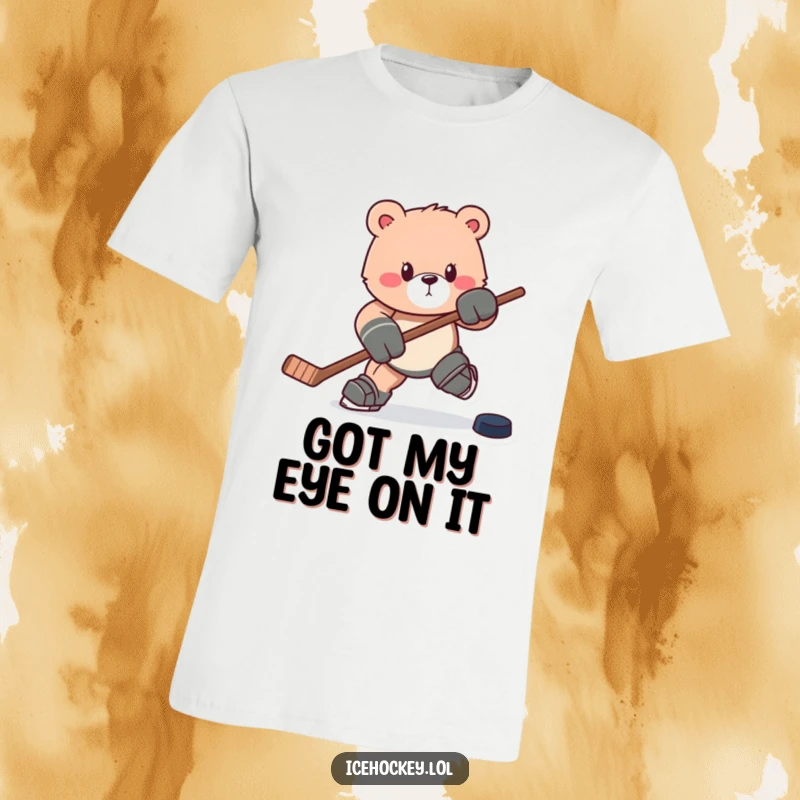 Funny t-shirt: A powerful bear charges across the ice with a hockey stick, its focus locked on the puck ahead.