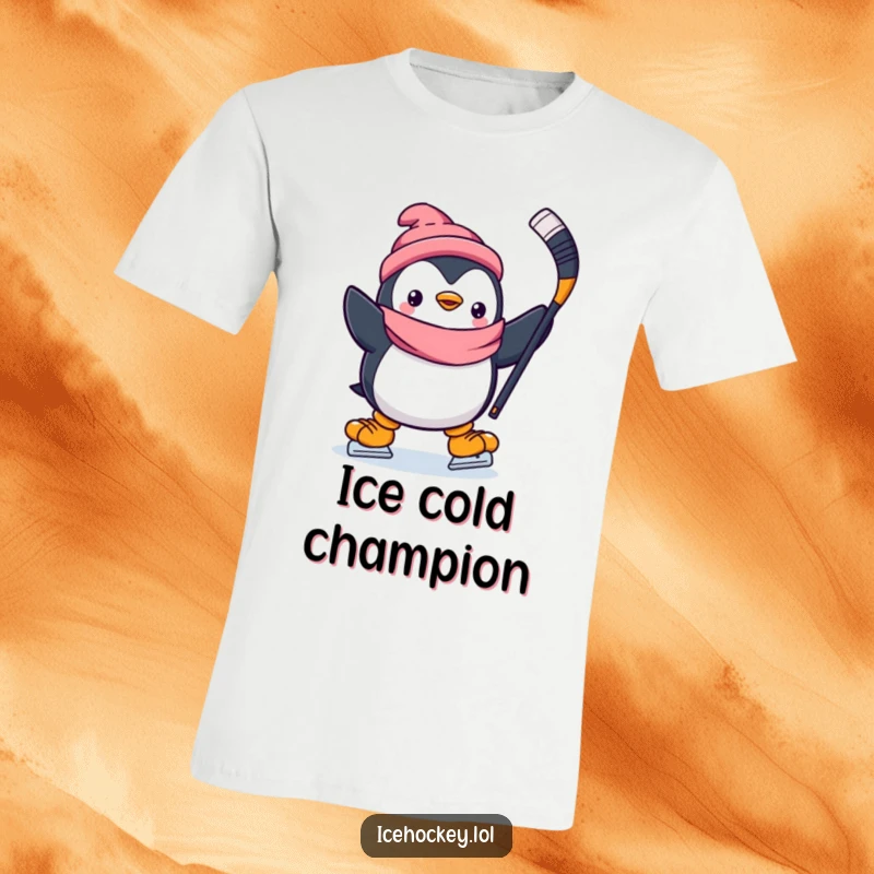 Funny t-shirt of a gleeful penguin proudly holding a hockey stick high, skating with pure joy and determination.