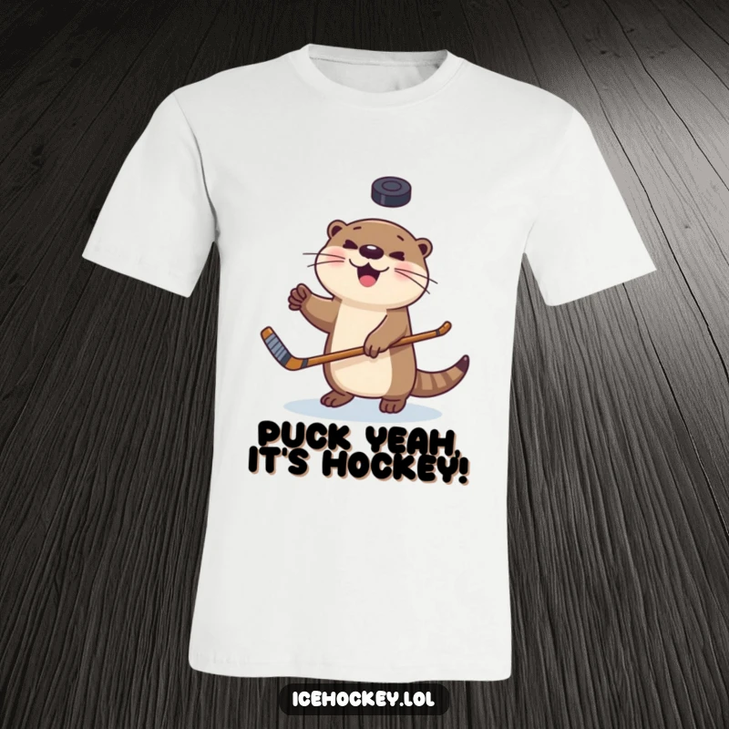 Funny t-shirt featuring a cheerful otter expertly juggling a hockey puck with a stick, ideal for sports enthusiasts.