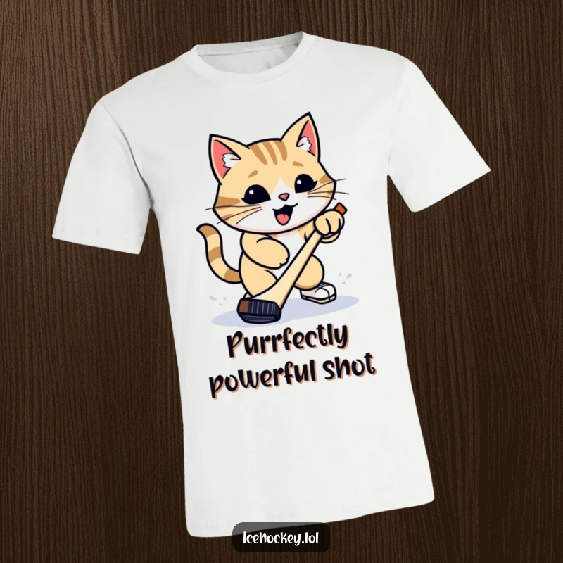 Funny T-Shirt: A proud cat attempts a fierce slap shot with a hockey puck, looking determined and comically athletic.