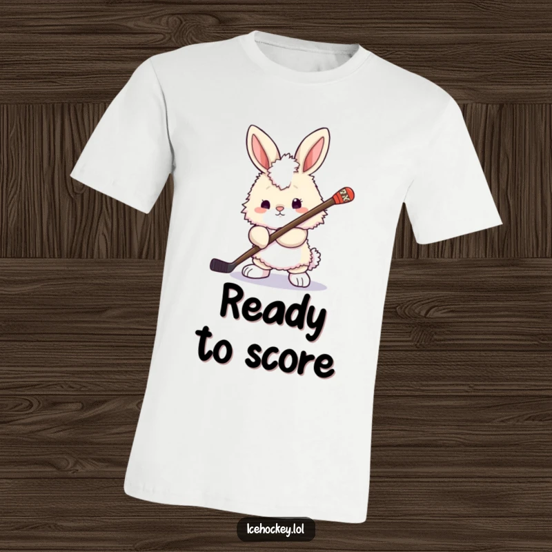 Funny bunny t-shirt: a fluffy bunny holding a hockey stick, looking ready and determined for a game, radiating cute aggression.