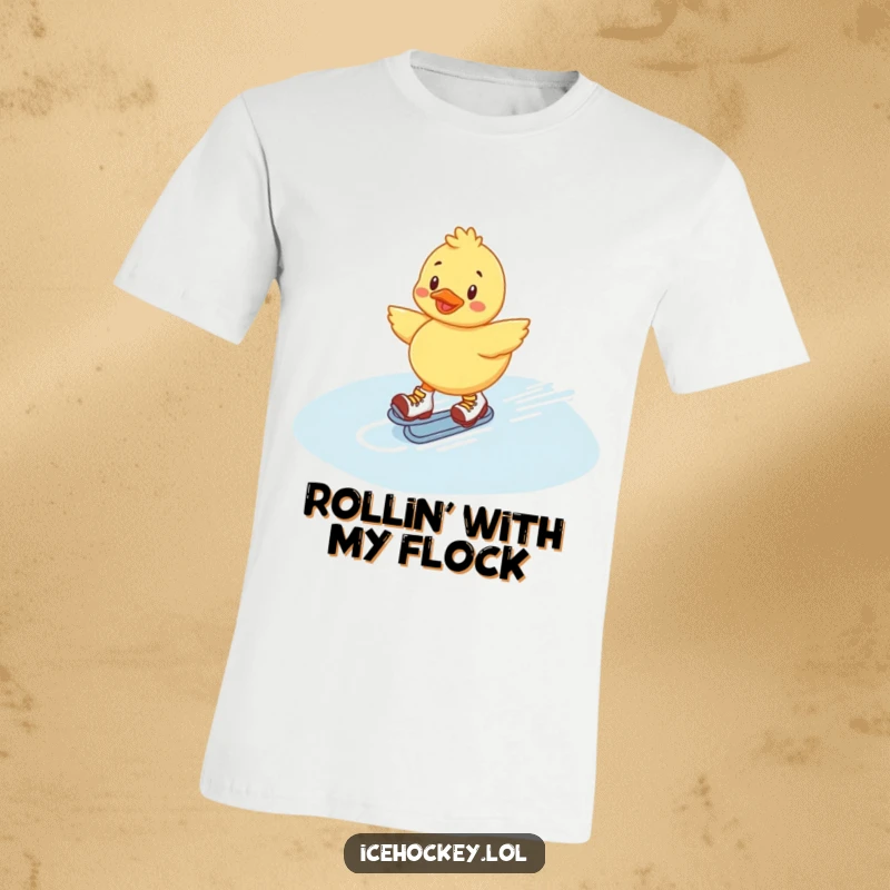Funny Duckling T-Shirt: Cheerful duckling gliding smoothly across ice on roller skates, embodying carefree fun and speed.