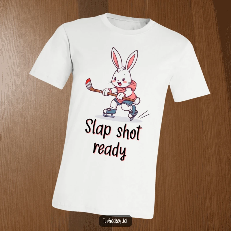 Funny t-shirt featuring an enthusiastic bunny skating fast with a hockey stick, embodying the spirit of the game with humor.