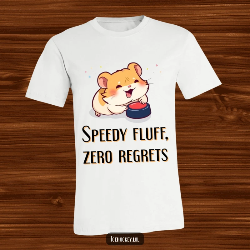 Funny t-shirt: A happy, giggling hamster slides on its belly, chasing a hockey puck with an unstoppable, joyful momentum.