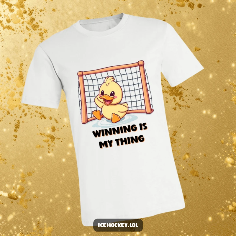 Funny duck t-shirt: a jubilant duck with a huge grin, sliding on ice towards a hockey goal, showcasing athletic prowess and pure glee.