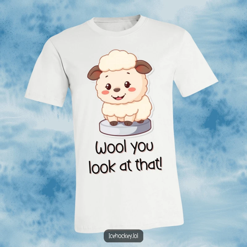 Funny Sheep T-Shirt depicting a fluffy cartoon sheep acting as a goalie, blocking a puck with a big smile, ideal for casual wear.