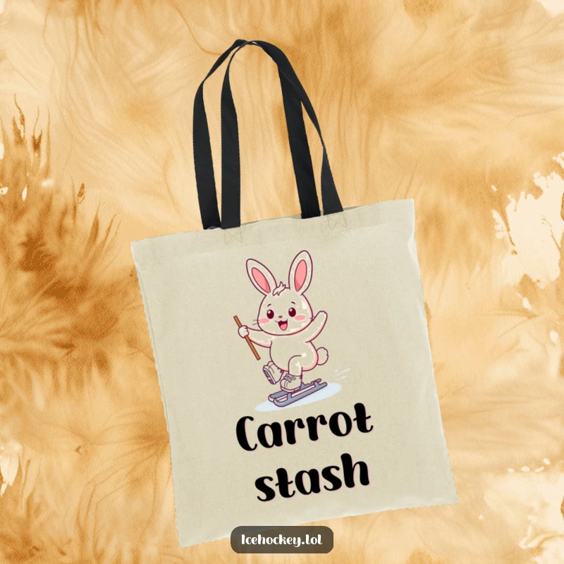 Funny bunny ice skater tote bag, cheerful bunny gliding on skates, stick held high, practical and joyful, great funny gift.