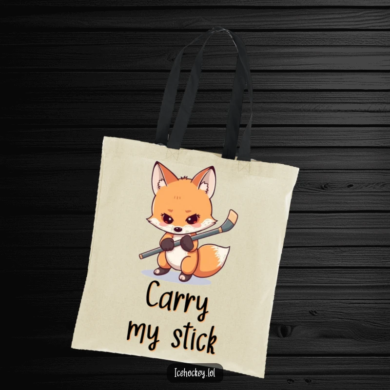 Funny shy fox tote bag showing a nervous fox gripping its hockey stick tightly, ideal for carrying gear with a dose of relatable humor.