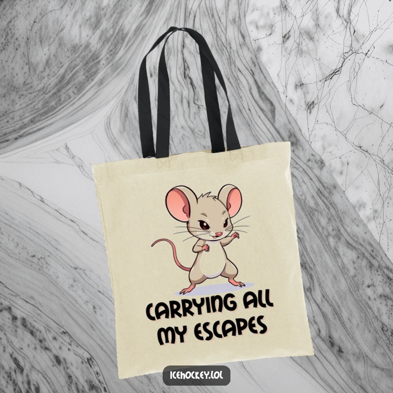 Funny Tote Bag: A determined mouse skillfully dekes around an opponent in hockey, perfect for carrying items with flair.
