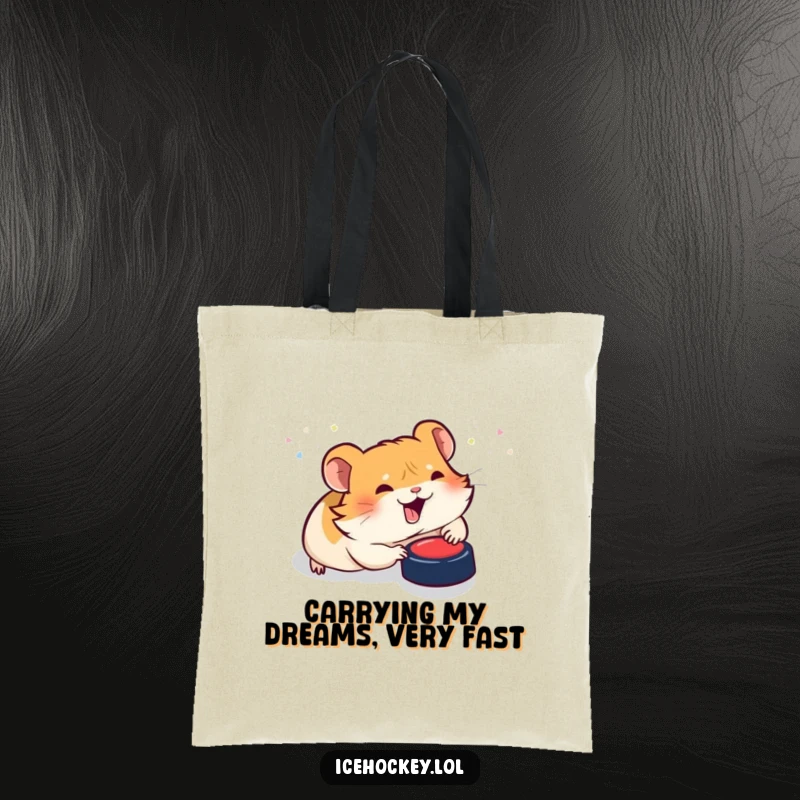 Funny tote bag: A giggling hamster gleefully slides on its belly after a hockey puck, showcasing pure athletic silliness.