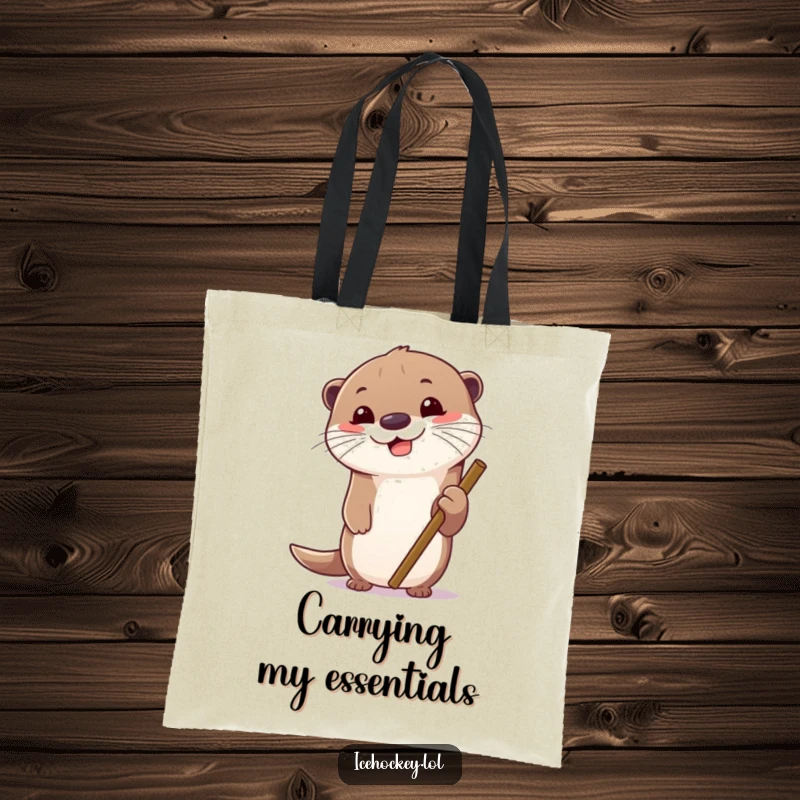 Funny tote bag showing a cheerful otter gripping an ice hockey stick, eyes locked on the prize. A humorous accessory.