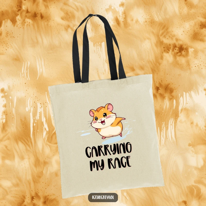 Funny Hamster Ice Tote Bag: A smiling hamster races fast across the ice, making this tote bag a humorous and practical carry-all.
