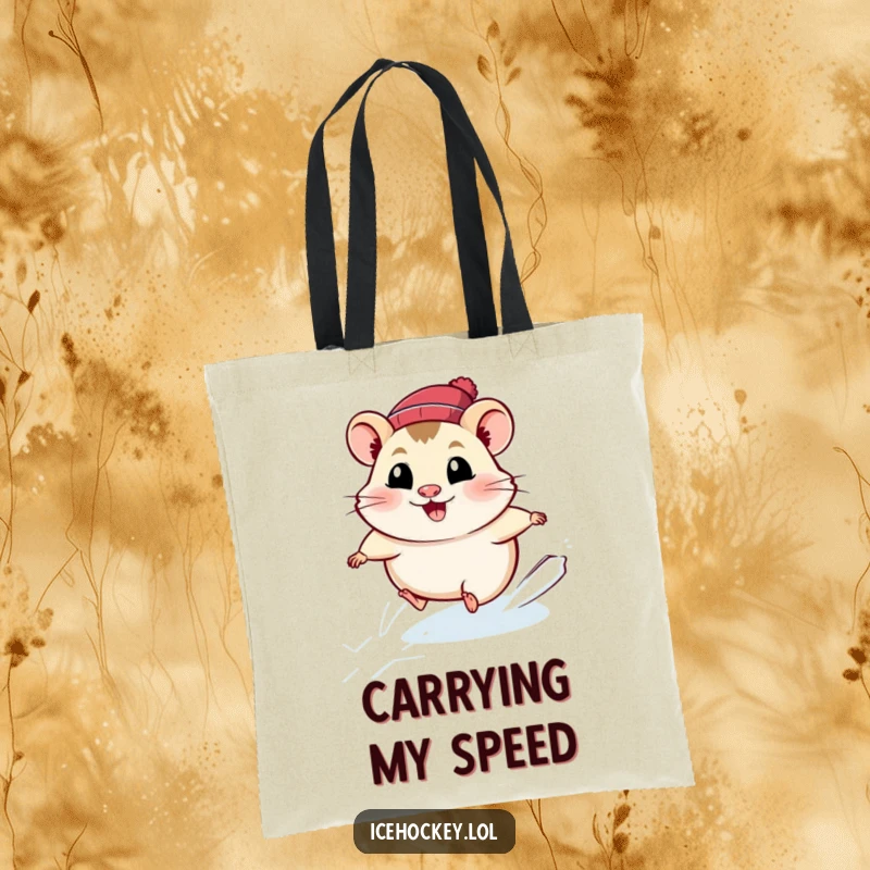 Funny hamster tote bag featuring a smiling, determined hamster racing at top speed across an ice rink.