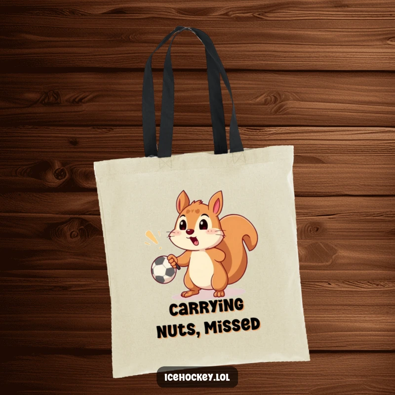 Funny tote bag showing a surprised squirrel comically missing a soccer goal with a shot, ready to carry your items.