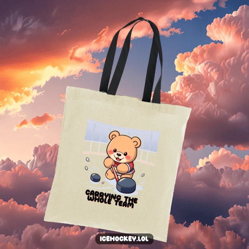 Funny Tote Bag with a determined bear in a powerful hockey shot pose, ready to score, perfect for carrying essentials.