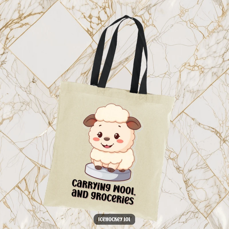 Funny Sheep Tote Bag showcasing a fluffy cartoon sheep blocking a puck with a big smile, perfect for sports gear and daily use.