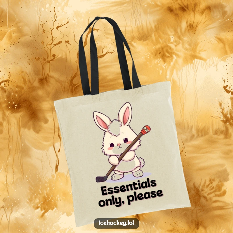 Funny bunny tote bag: a fluffy bunny holding a hockey stick, looking ready for action, embodying cute determination and sporty flair.