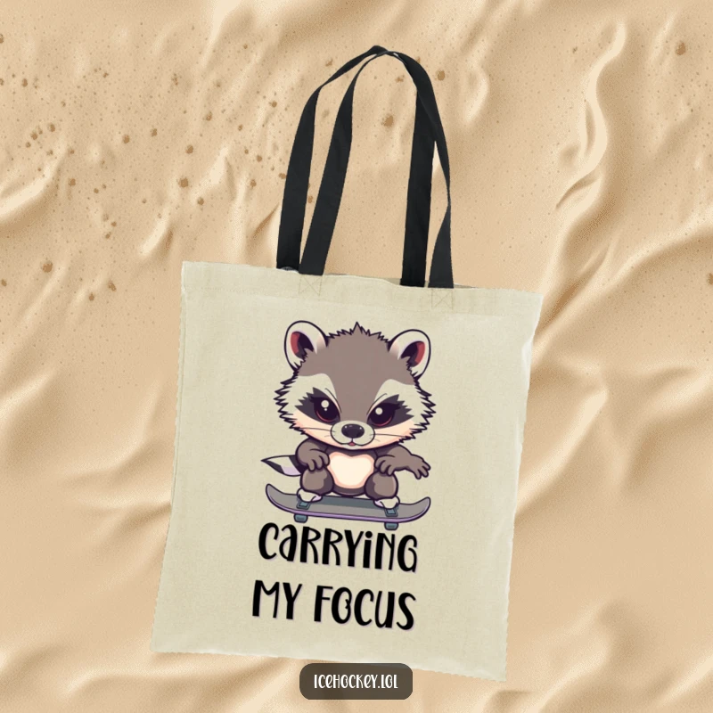 Funny badger tote bag showing a brave badger with intense focus while ice skating, ideal for carrying essentials.