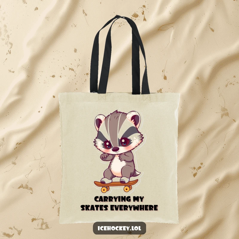 Funny Tote Bag showcasing a badger skating with intense focus, ideal for carrying essentials with a humorous touch.
