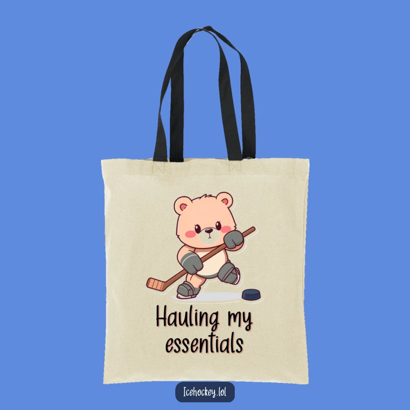 Funny Bear Hockey Tote Bag: Charging Bruin with Stick & Puck, Chic Humor Gift