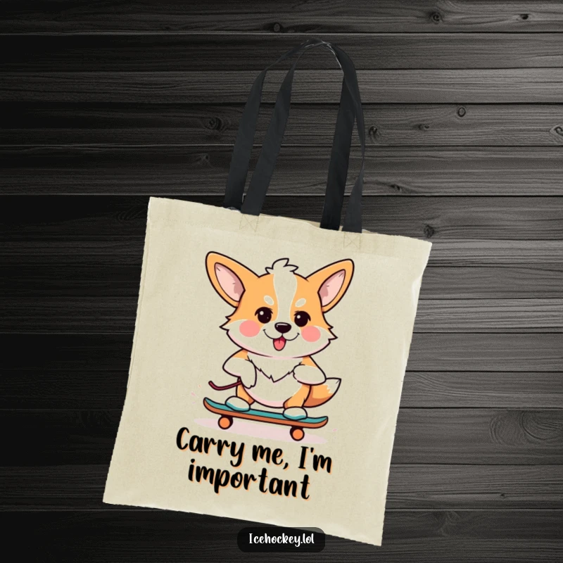 Funny tote bag depicting a determined corgi on roller skates, ready for action, a charming and humorous accessory.