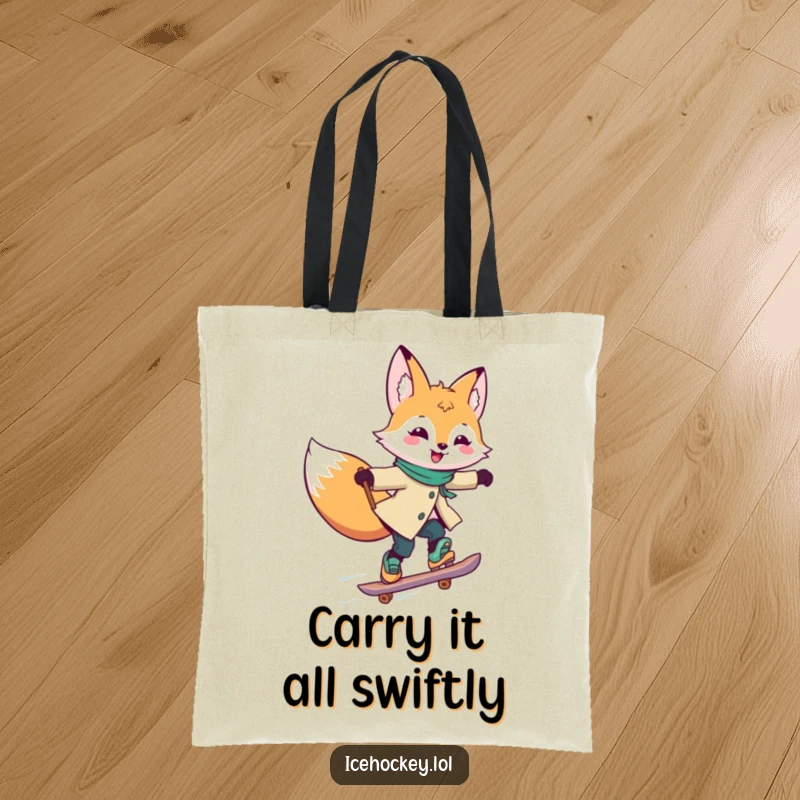 Funny Tote Bag with a joyful fox skating rapidly, stick held high, illustrating speed and a happy, energetic scene.
