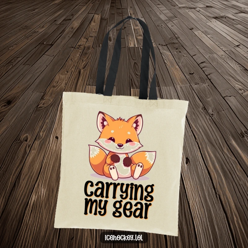 Funny tote bag showcasing a playful fox in tiny hockey pads, sliding into a hilarious, whimsical pose.