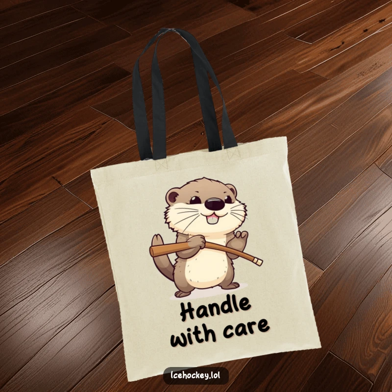 Funny tote bag showcasing a happy, fluffy otter aggressively checking an opponent with a hockey stick, a humorous and practical sports accessory.
