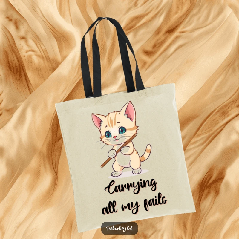 Funny tote bag: A wobbly kitten bravely attempts to block a hockey puck with its stick, showcasing adorable determination.