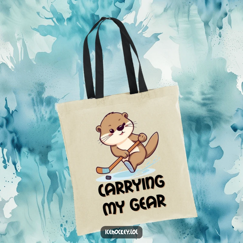 Funny tote bag with a graceful otter performing a swift turn while holding a hockey stick, ready for any task.