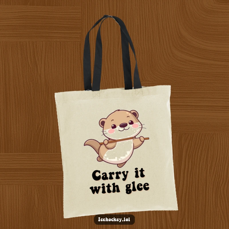 Funny Tote Bag with a playful otter gliding smoothly, stick in tow, and a big grin, perfect for everyday use.