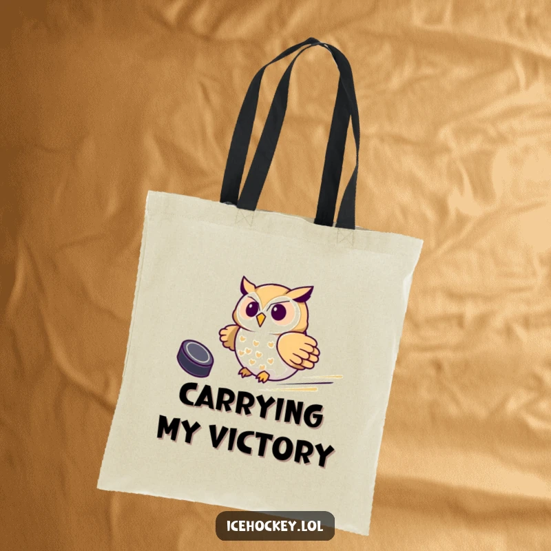 Funny Owl Hockey Tote Bag, featuring a proud owl sliding with a puck, ideal for carrying essentials with sports humor.
