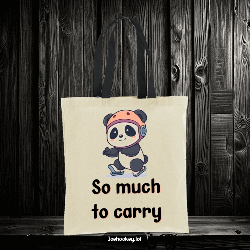Funny panda tote bag: a panda in a helmet hilariously tripping while roller skating, capturing a moment of endearing clumsiness.