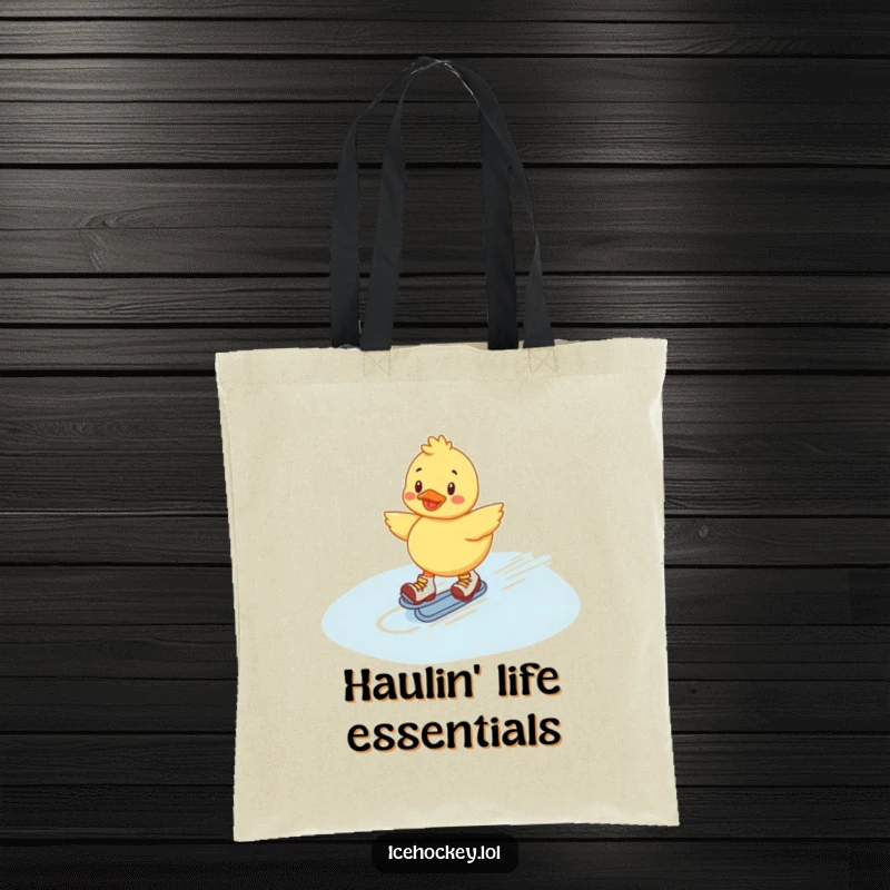 Funny Duckling Tote Bag: Cheerful duckling gliding on roller skates across ice, great for carrying items with a dose of humor.