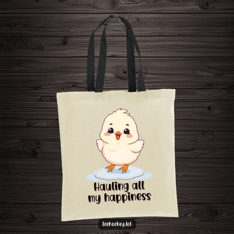 Funny Tote Bag with a fluffy chick sliding on ice with glee, ideal for carrying items with a dose of happiness.