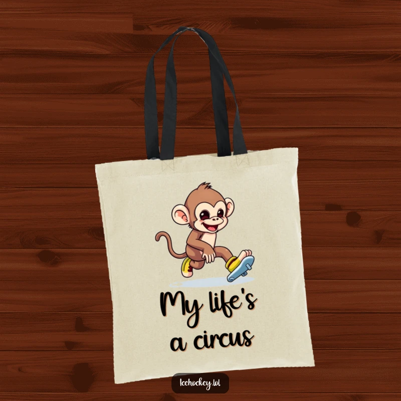 Funny tote bag depicting a mischievous monkey tripping over its ice skates. A humorous accessory.